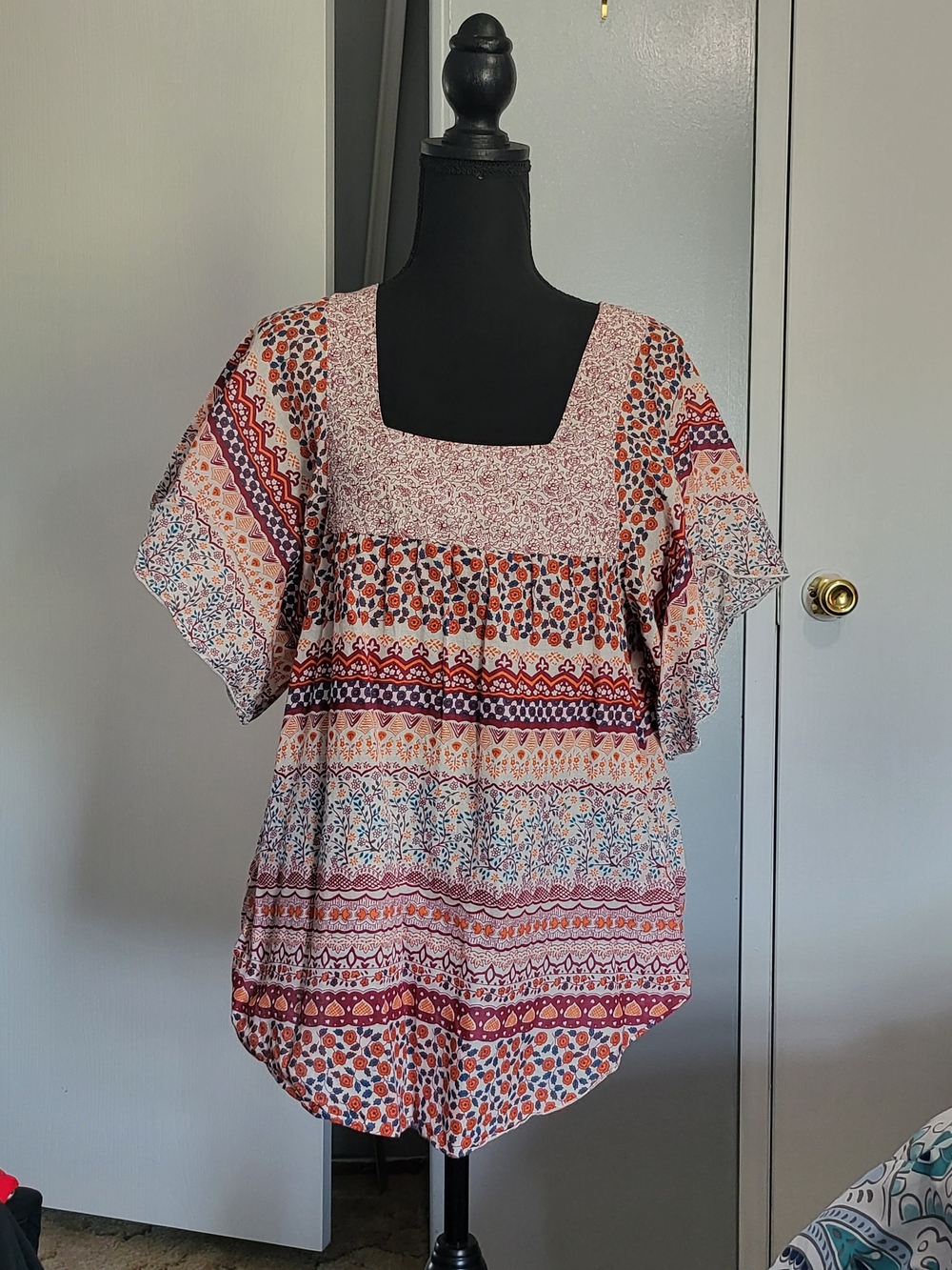 Decree Peach Multi Boho Square-Neck Flutter Sleeve Tunic